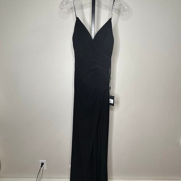Ieena for MacDuggal gown-size 0-black rhinestone spaghetti strap high slit - Picture 5 of 8